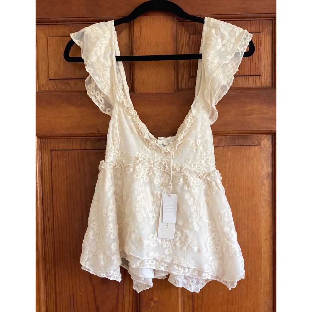 Altar'd State Womens L Ivory Embroidered Ruffle Peplum Babydoll Top Romantic